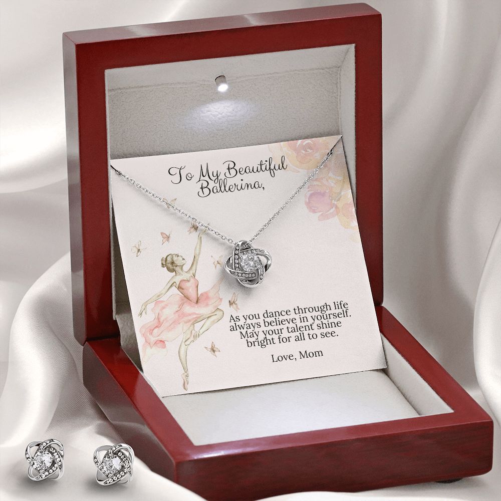 Ballerina Necklace - Dance Recital Gift From Mom - Love Knot Necklace Earring Set-[Heartfelt Family Gift]