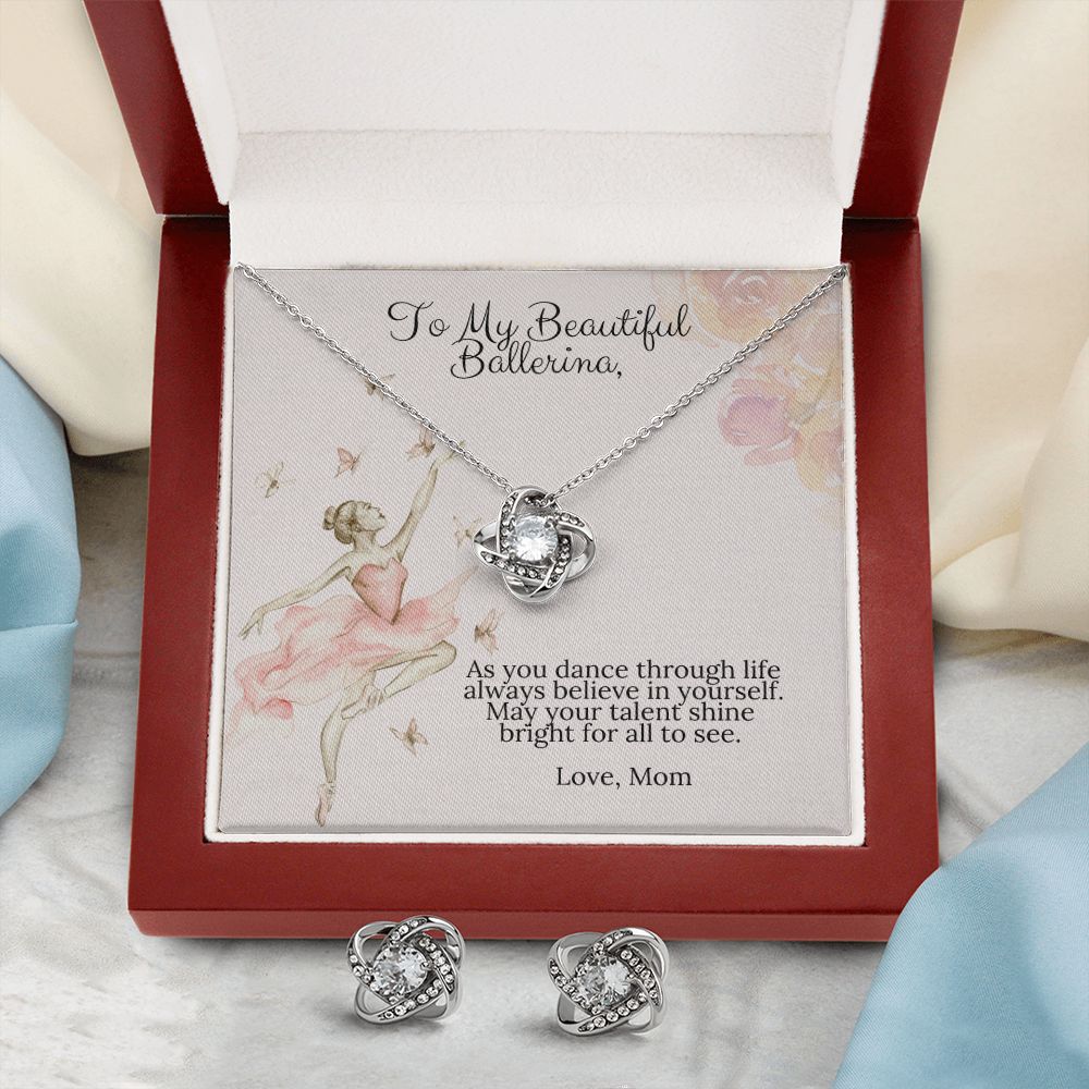 Ballerina Necklace - Dance Recital Gift From Mom - Love Knot Necklace Earring Set-[Heartfelt Family Gift]