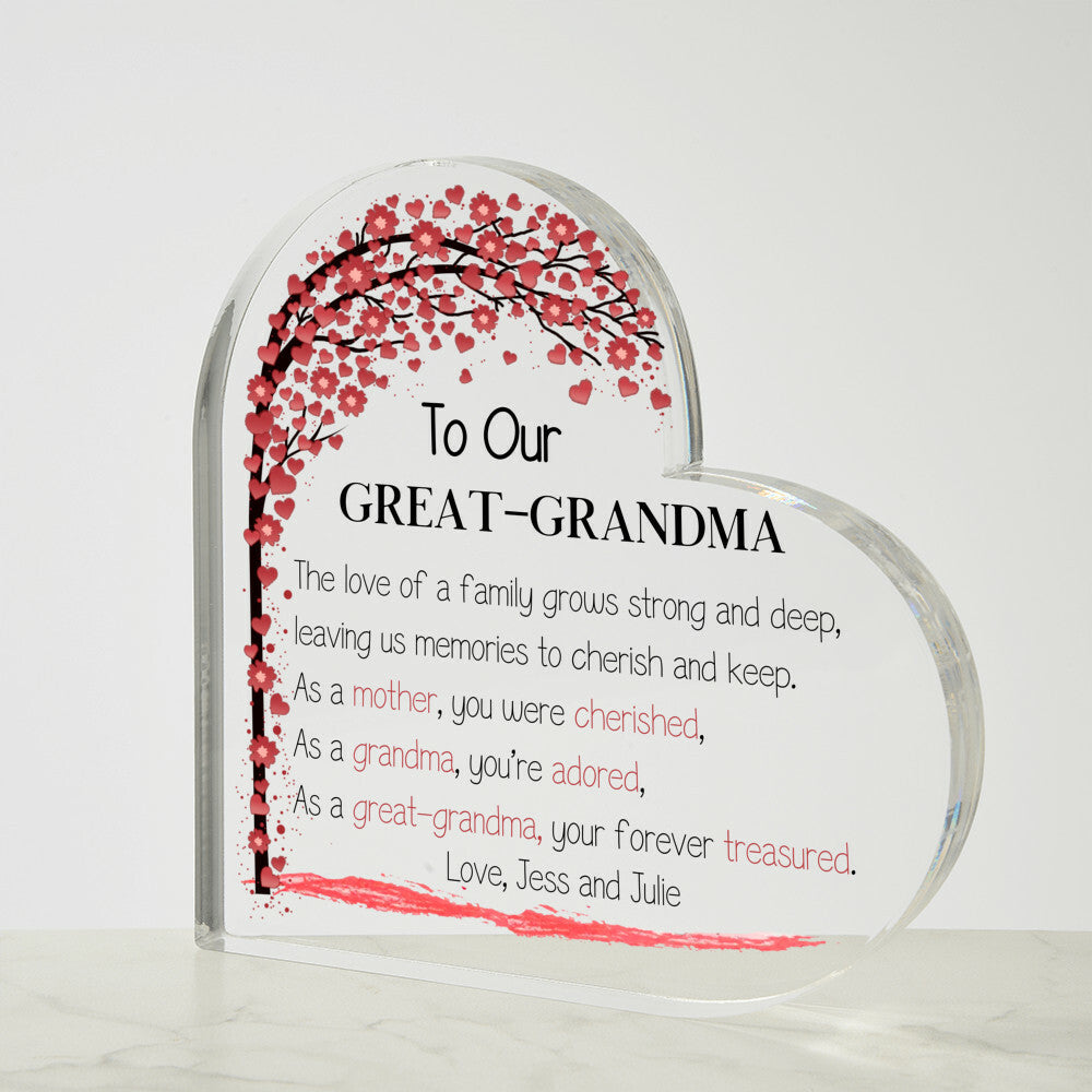 Mother's Day Gift for Great-grandma, Grammy Gift, Heart Acrylic Plaque