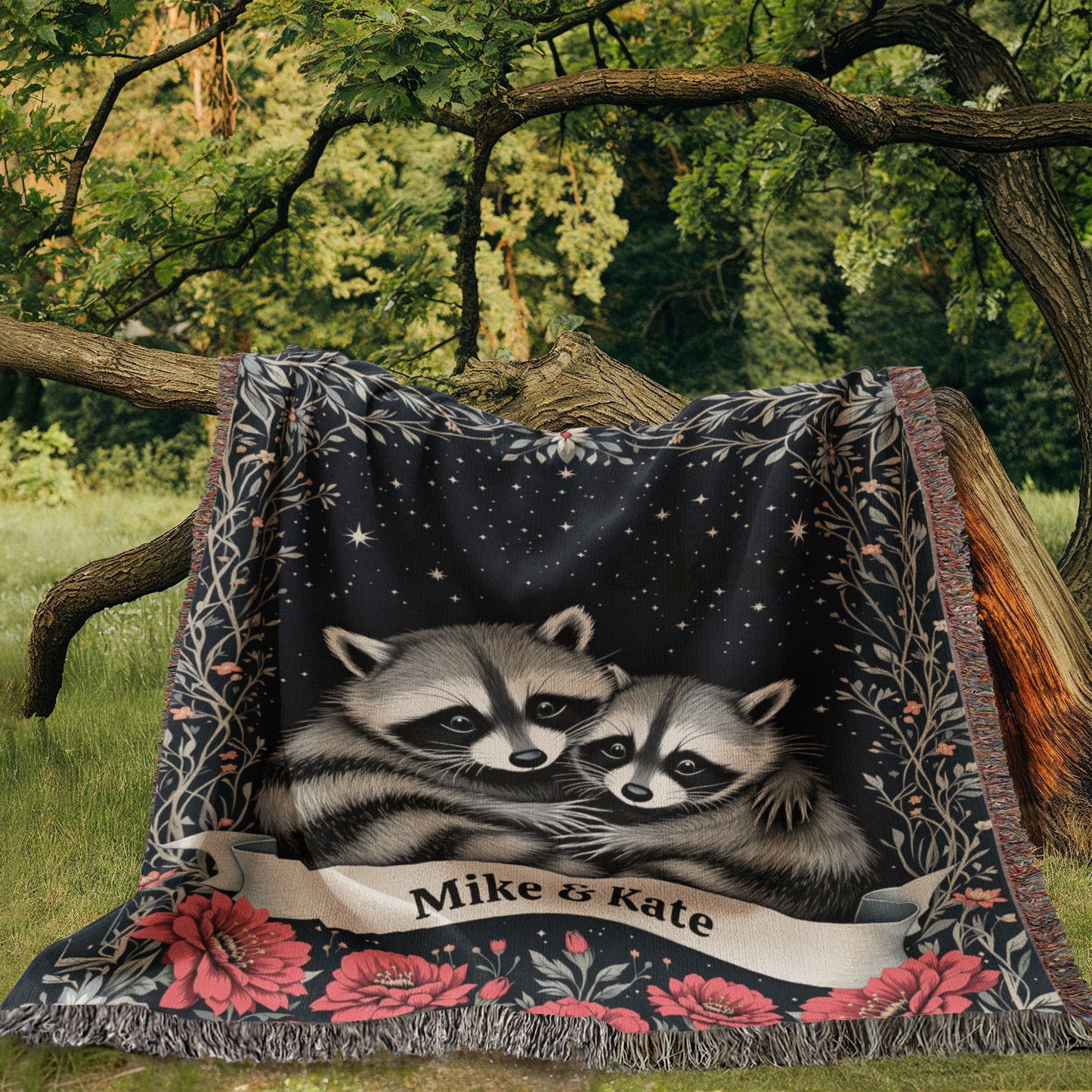 Personalized Raccoon Couple Woven Cotton Throw Blanket-[Heartfelt Family Gift]