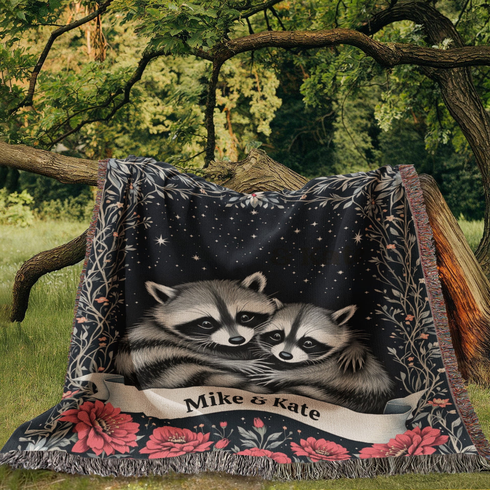 Personalized Raccoon Couple Woven Cotton Throw Blanket-[Heartfelt Family Gift]