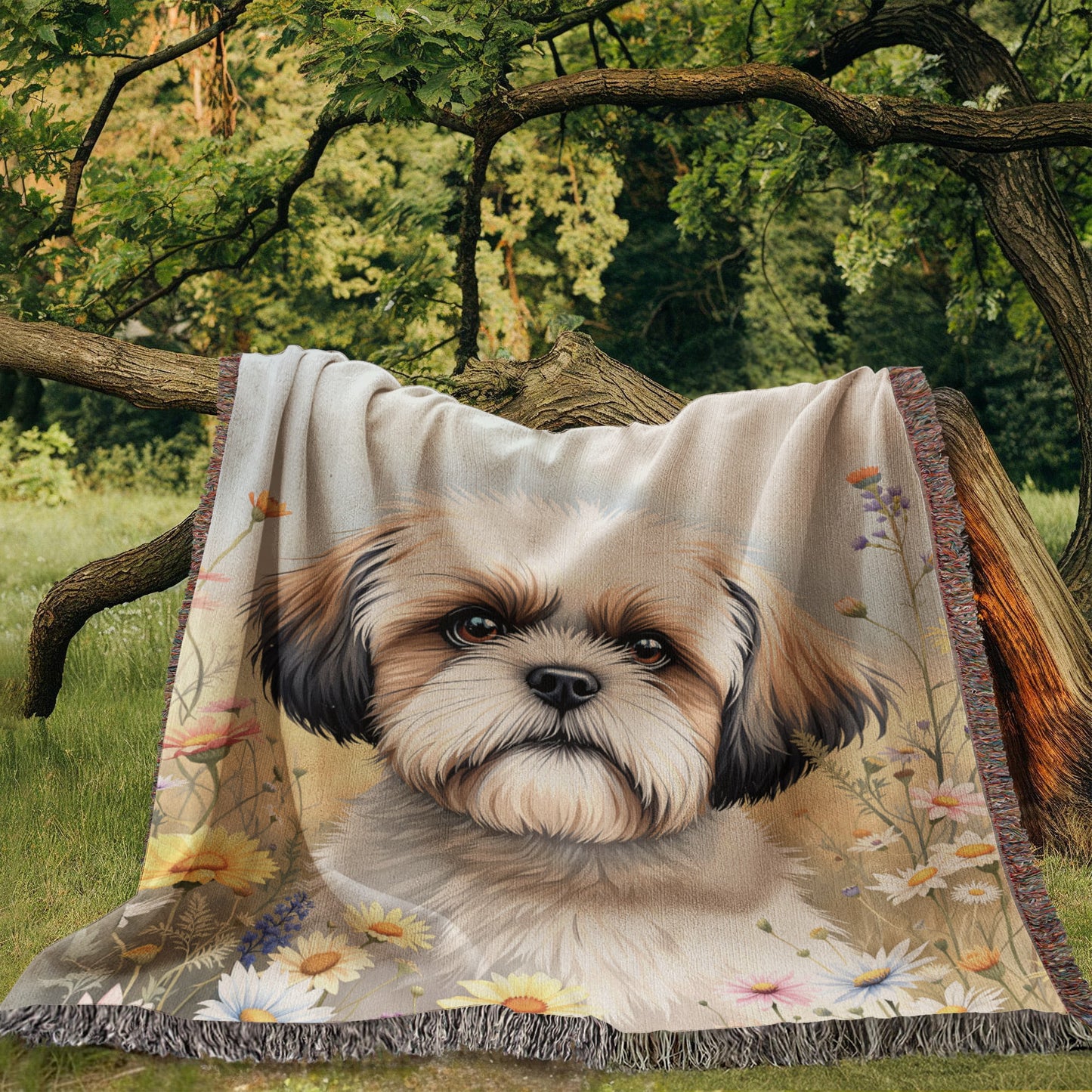 Shih Tzu Wildflower Woven Cotton Throw Blanket-[Heartfelt Family Gift]