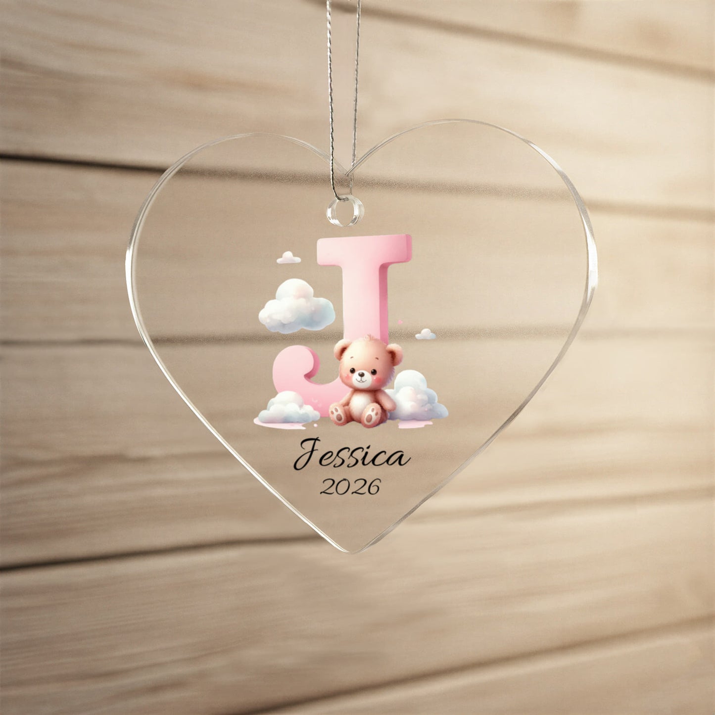 Pink Teddy Bear Acrylic Heart Ornament