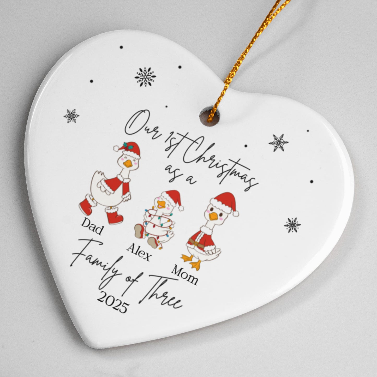 Family of Three Goose Ornament, Christmas Tree Decoration, Heart Ceramic Ornament, Personalized Family Keepsake, Holiday Home Decor