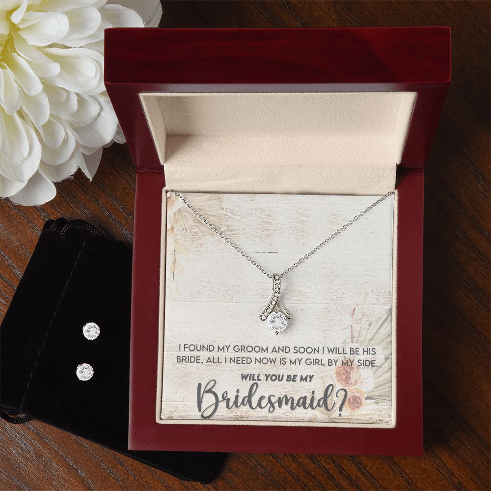 Bridesmaid Proposal Necklace - Bridal Jewelry - Ribbon Pendant Earring Set-[Heartfelt Family Gift]