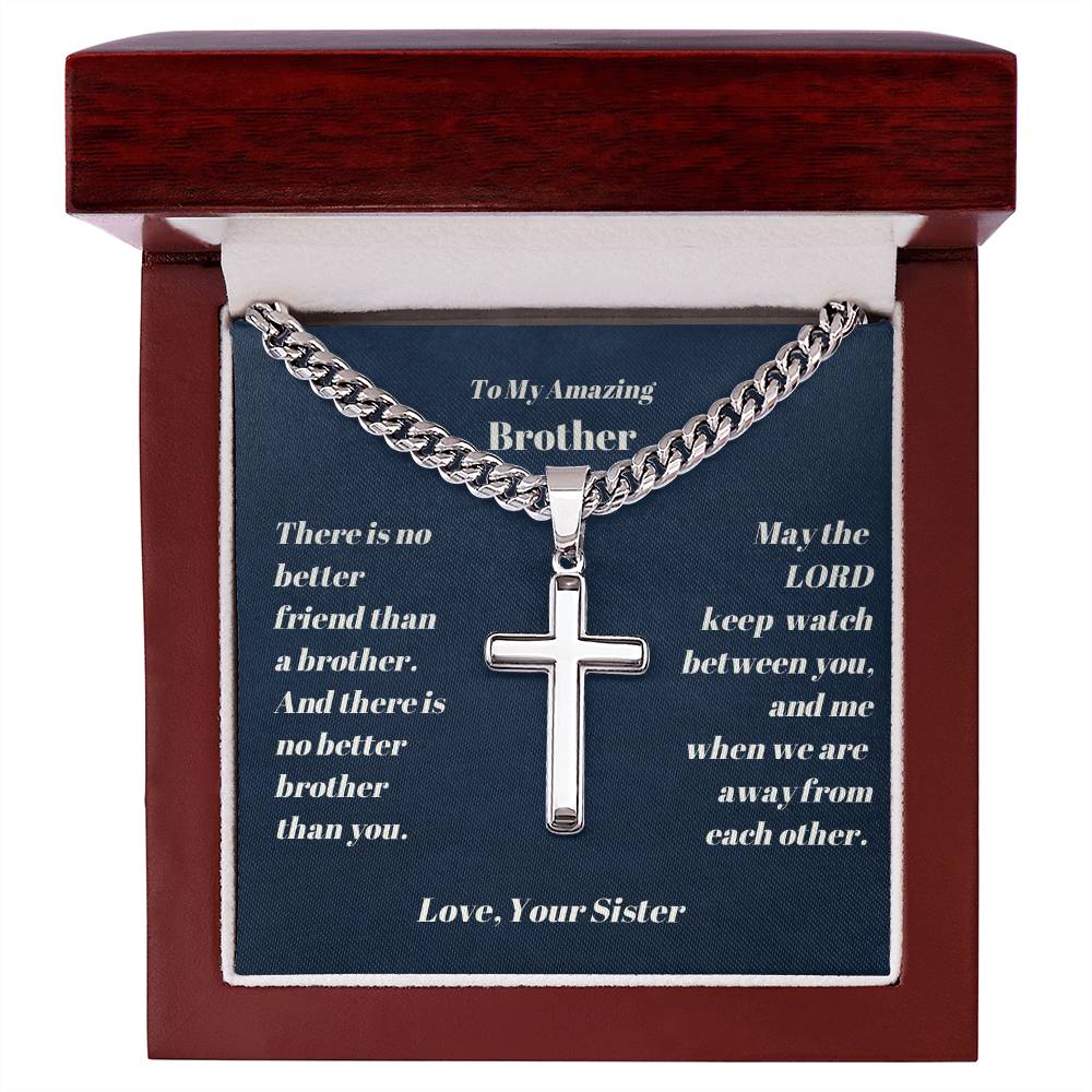 Brother Personalized Cross Necklace on Cuban Chain-[Heartfelt Family Gift]