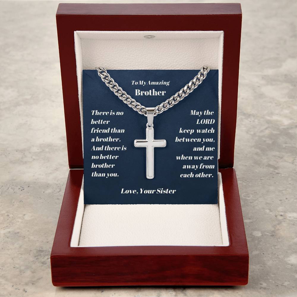 Brother Personalized Cross Necklace on Cuban Chain-[Heartfelt Family Gift]