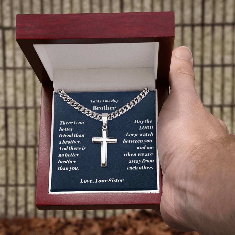 Brother Personalized Cross Necklace on Cuban Chain-[Heartfelt Family Gift]