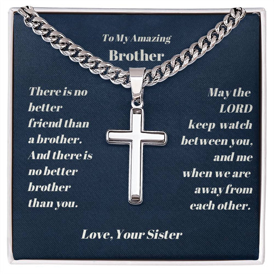 Brother Personalized Cross Necklace on Cuban Chain-[Heartfelt Family Gift]