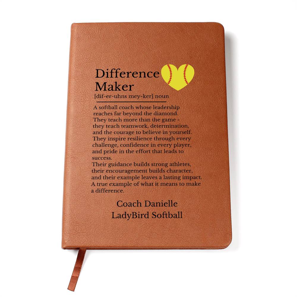 Softball Coach Gift, Leather Journal for Coaches, Inspirational Notebook, Personalized Gift for Mentor, Vegan Leather Diary, Teacher Appreciation
