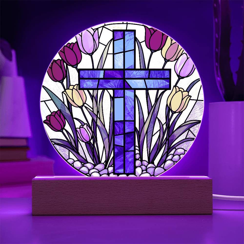 Cross and Tulips Circle Lamp-[Heartfelt Family Gift]