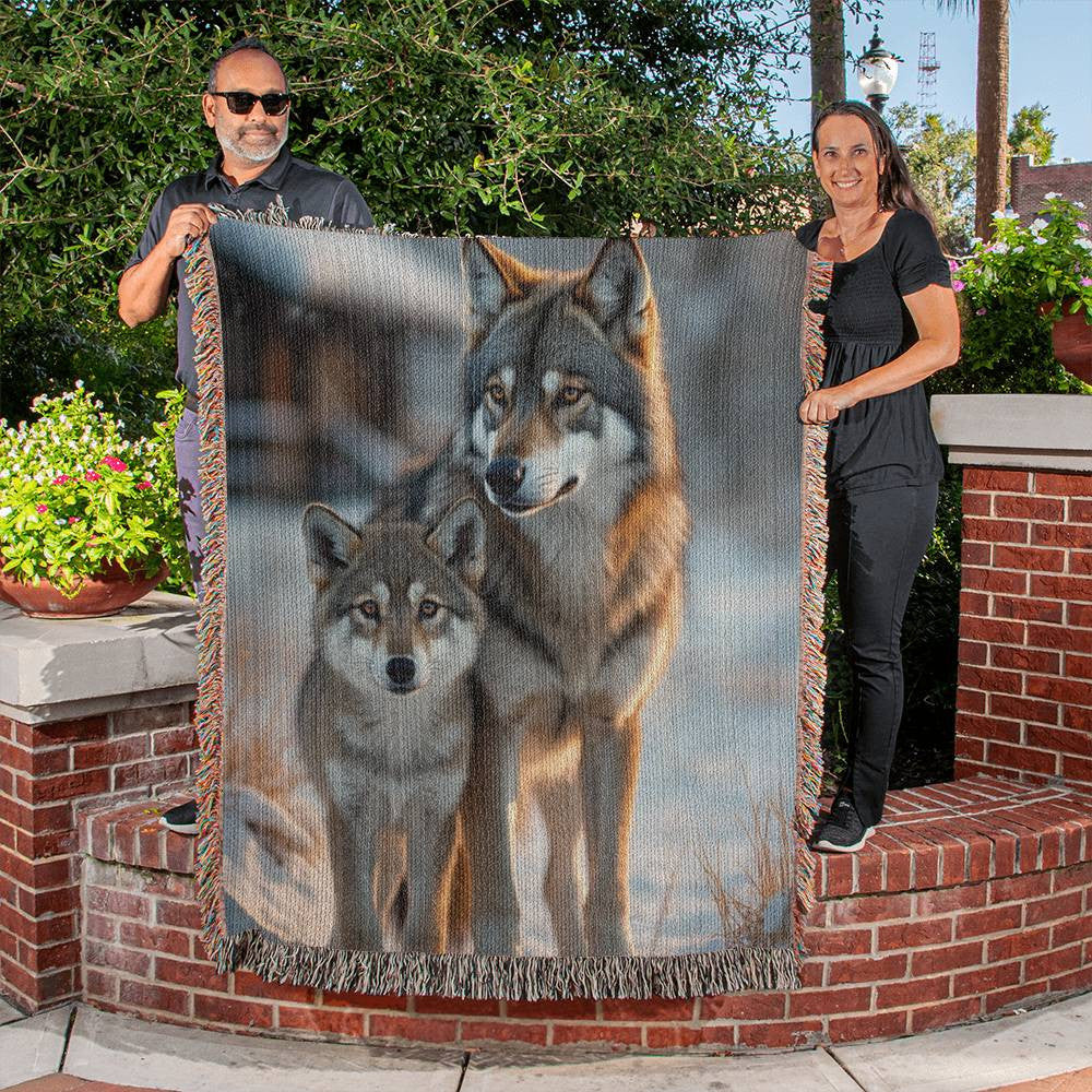 Wolf and Pup Woven Cotton Blanket-[Heartfelt Family Gift]
