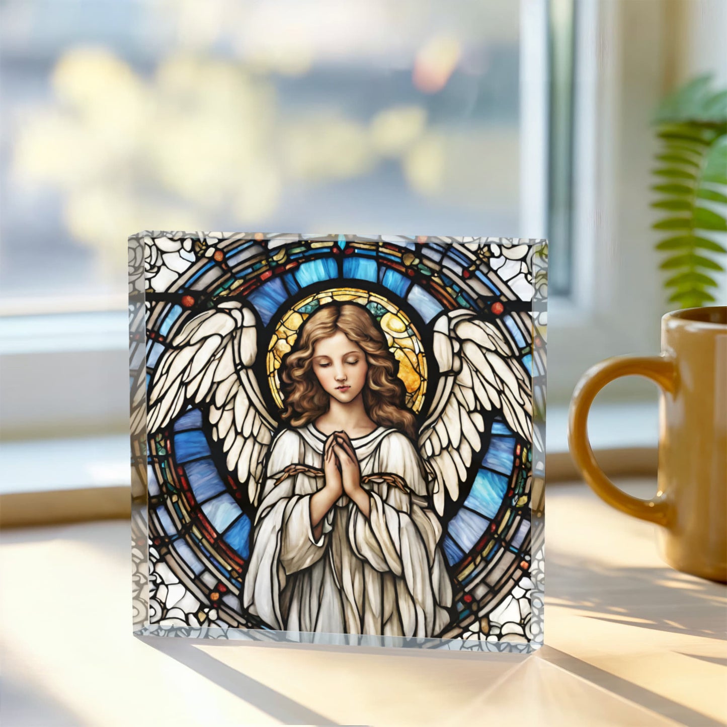 Stained Glass Angel Acrylic Block, Decorative Angel Artwork, Inspirational Home Decor, Elegant Religious Gift, Spiritual Keepsake