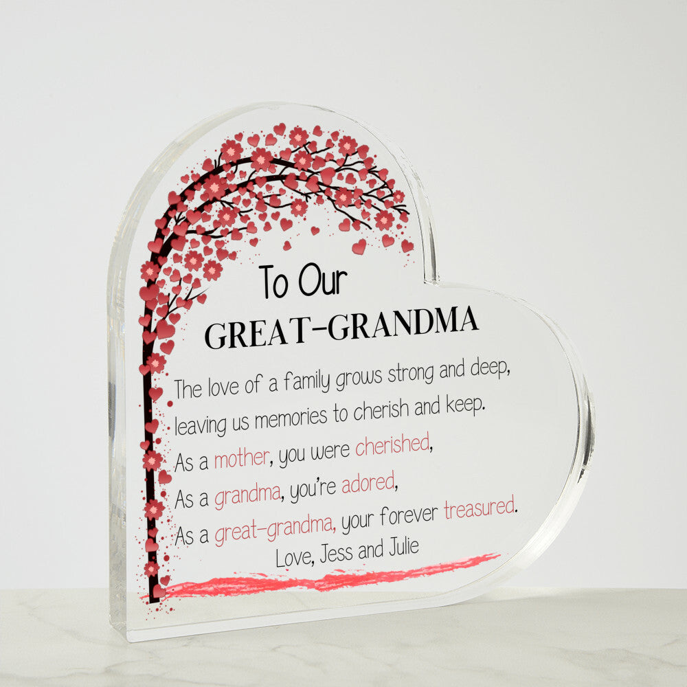 Mother's Day Gift for Great-grandma, Grammy Gift, Heart Acrylic Plaque