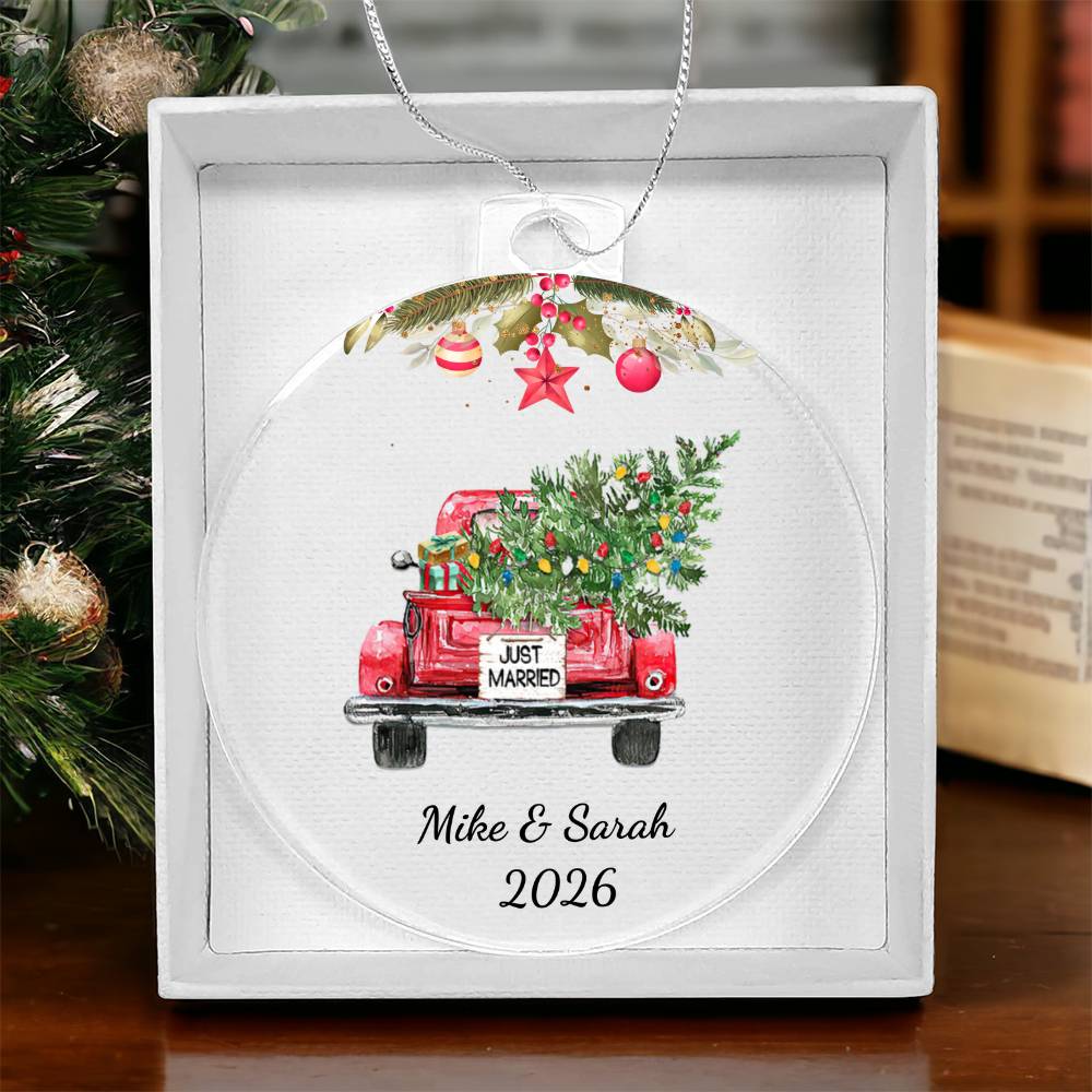 First Christmas Married Ornament, Personalized Acrylic Heart, Vintage Truck Keepsake, Newlywed Holiday Gift, Custom Wedding Ornament