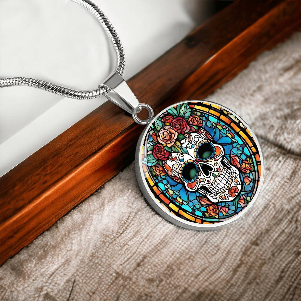 Mexican Sugar Skull Calavera  Round Pendant Necklace in Gold or silver-[Heartfelt Family Gift]