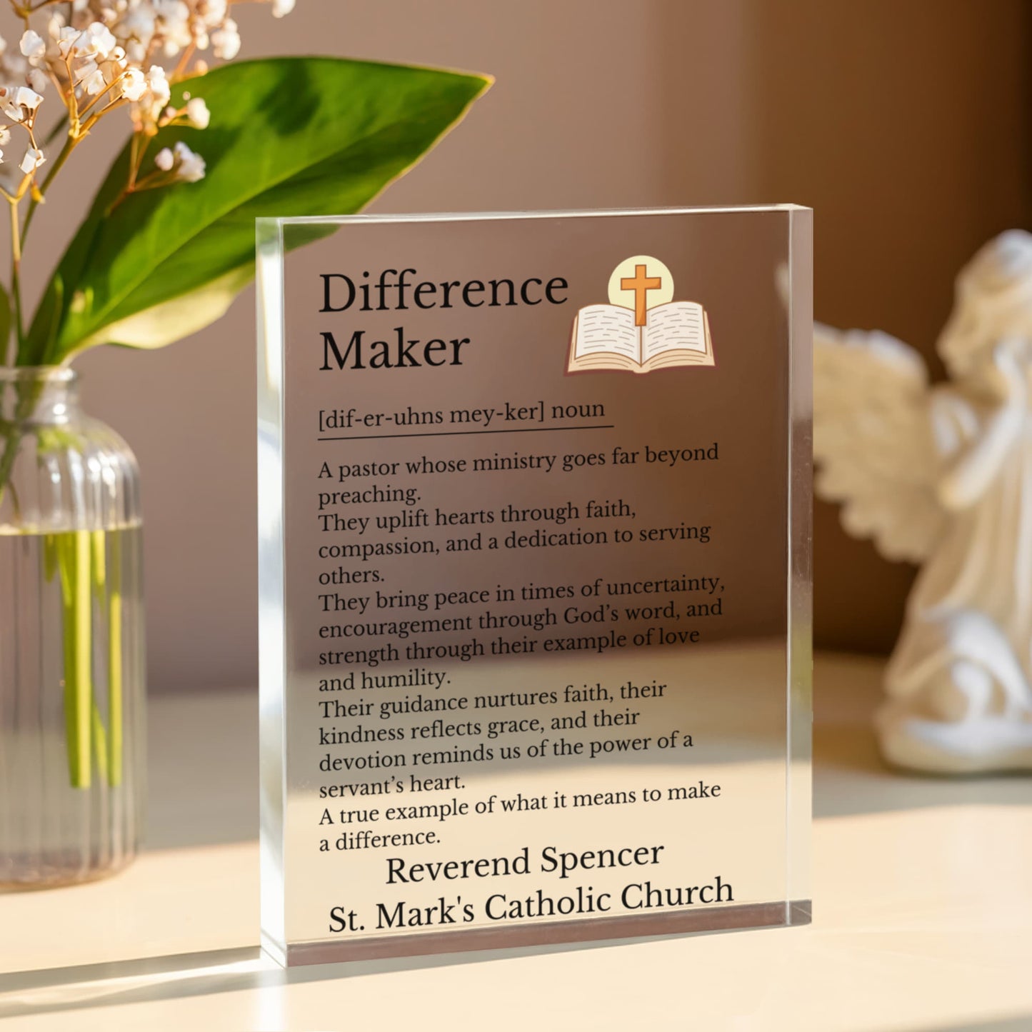 Reverend Pastor Retirement Plaque, Difference Maker Gift, Ordination Keepsake, Personalized Acrylic Block, Pastor Appreciation Gift