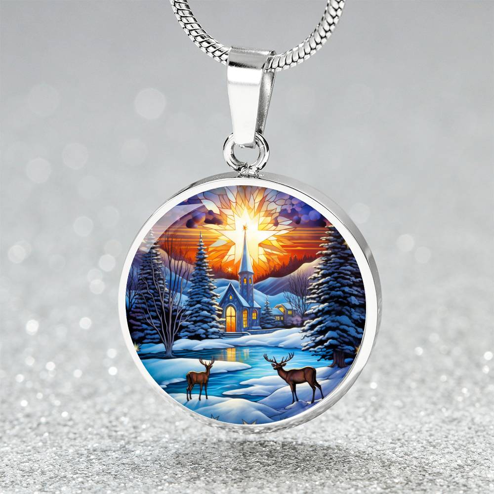 Snowy Church and Deer Pet Necklace