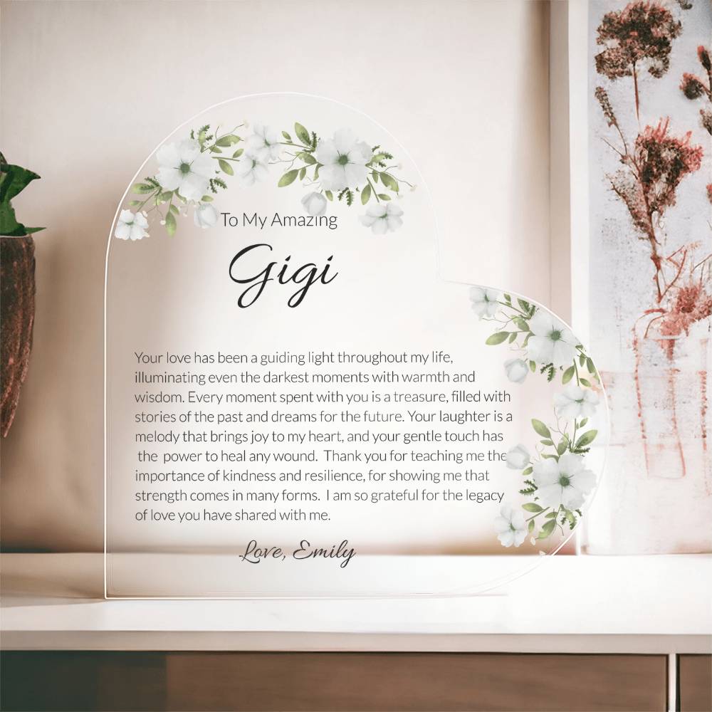 Gigi Acrylic Heart Plaque, Heart Plaque for Grandma, Personalized Grandma Gift, Sentimental Keepsake, Floral Acrylic Decor, Mother's Day Gift