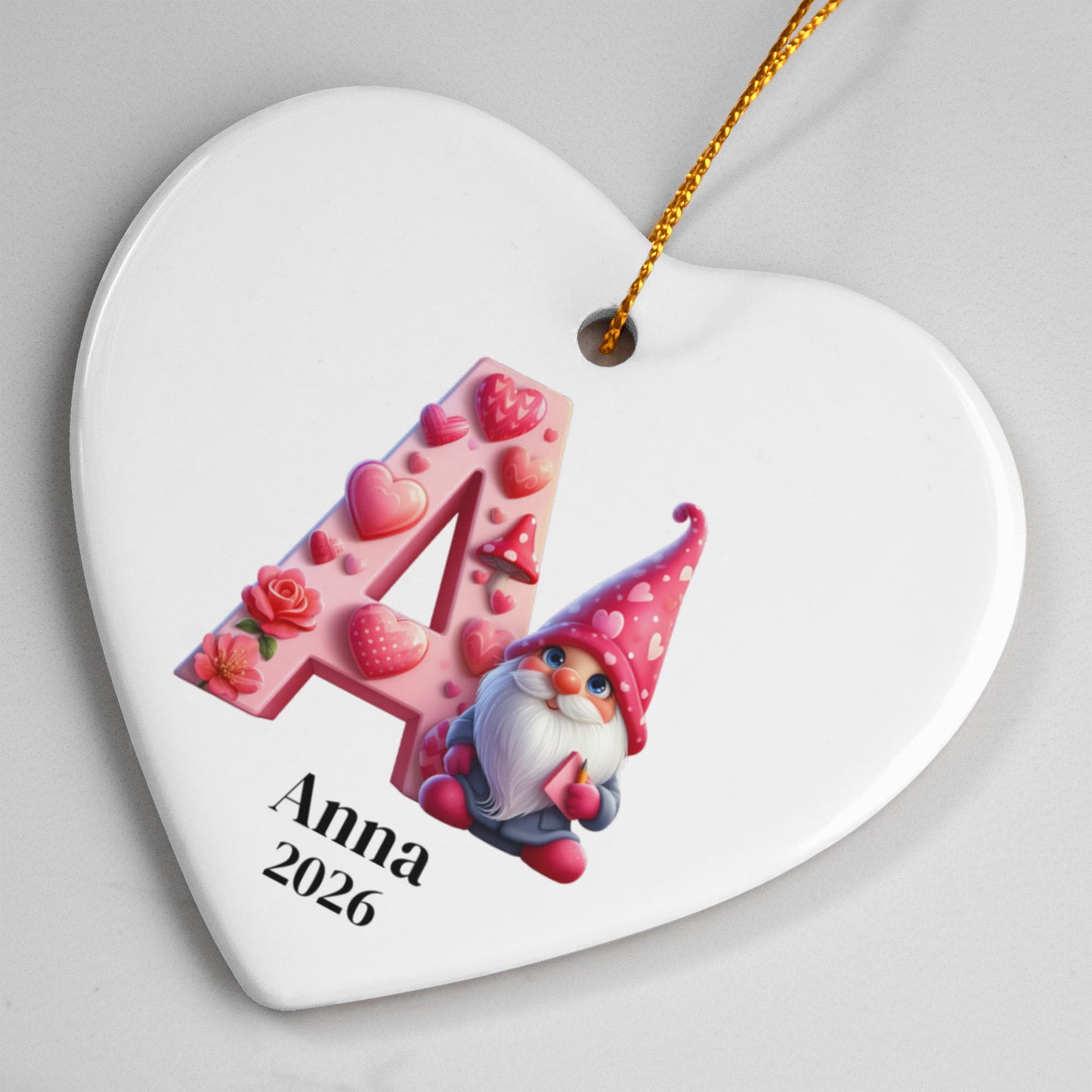 Personalized Heart Ornament, Pink Gnome Christmas Gift, Custom Holiday Decoration, Galentine's Heart Gift for Friend, Monogram, Initial