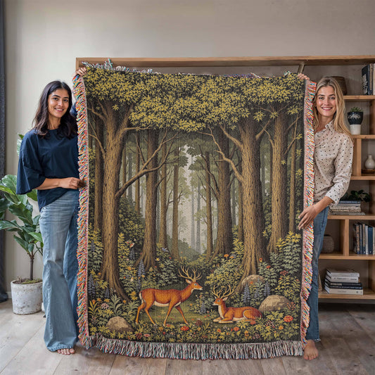 Forest Deer Woven Cotton Blanket Throw-[Heartfelt Family Gift]