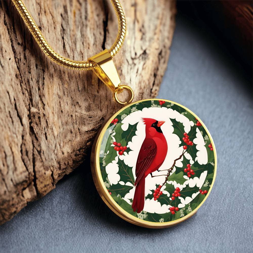 Cardinal and Hollyberry Necklace December Birthday Christmas Pendant-[Heartfelt Family Gift]