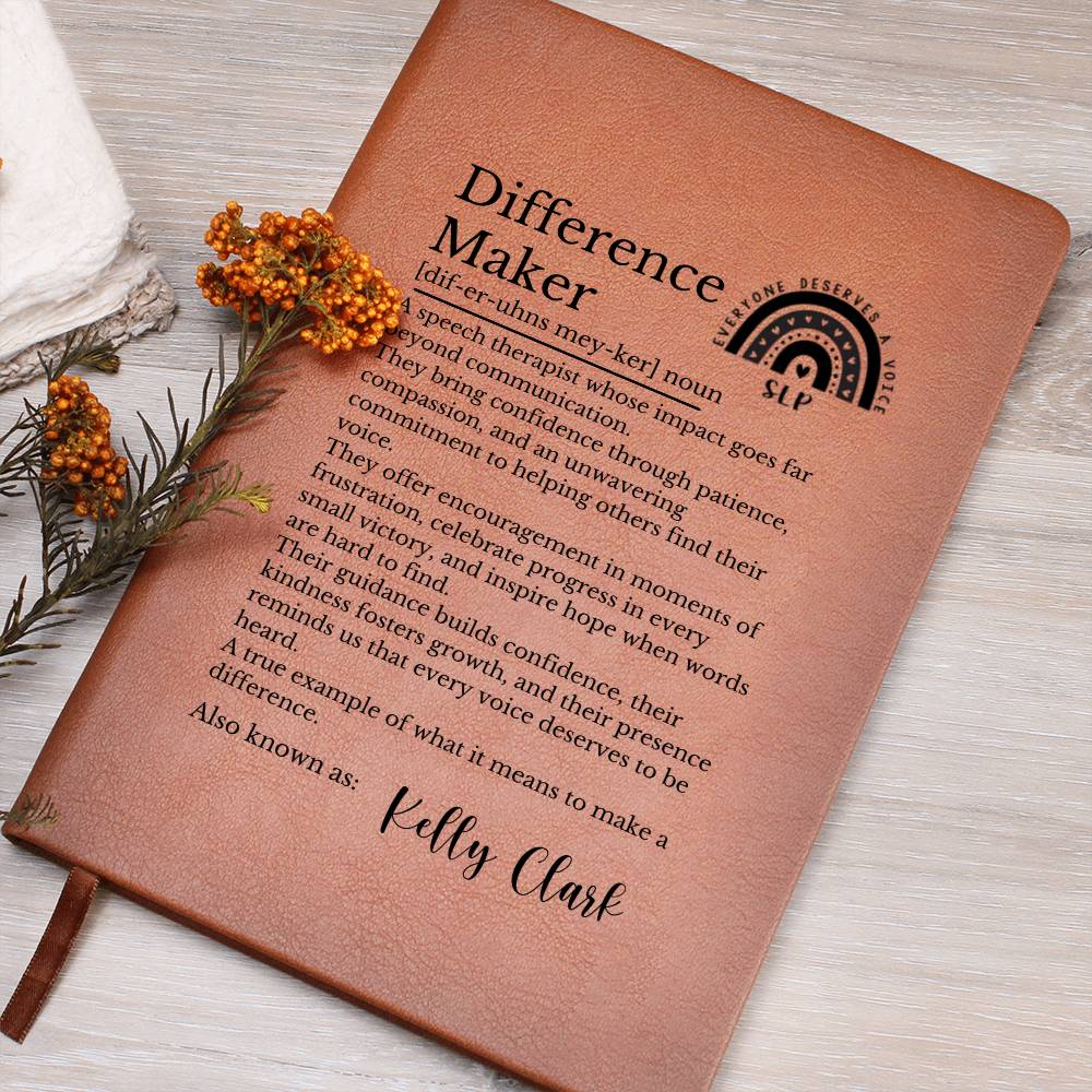 Speech Language Pathologist Gift, Leather Journal, Difference Maker Keepsake, Personalized SLP Notebook, Vegan Leather Diary, Appreciation