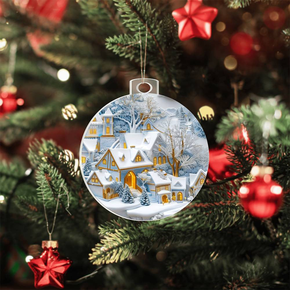 Blue Snow Covered Village Acrylic Christmas Ornament-[Heartfelt Family Gift]