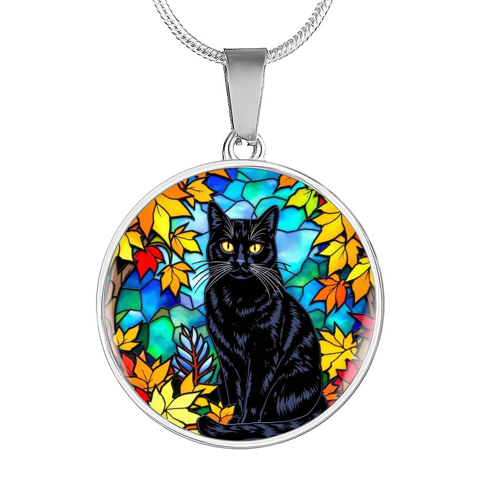 Fall Black Cat Pendant Necklace, Stained Glass Style, Autumn Leaves Jewelry, Cat Lover Gift, Halloween Statement Necklace, Unique Cat Pendant, Artistic Accessory