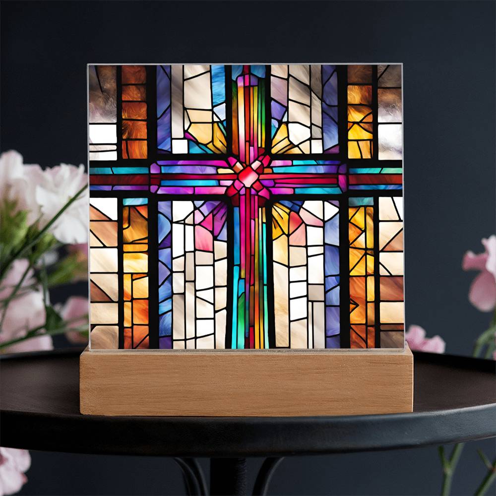 LED Acrylic Cross - Baptism Easter and Confirmation Gift - Faux Stained Glass Decor