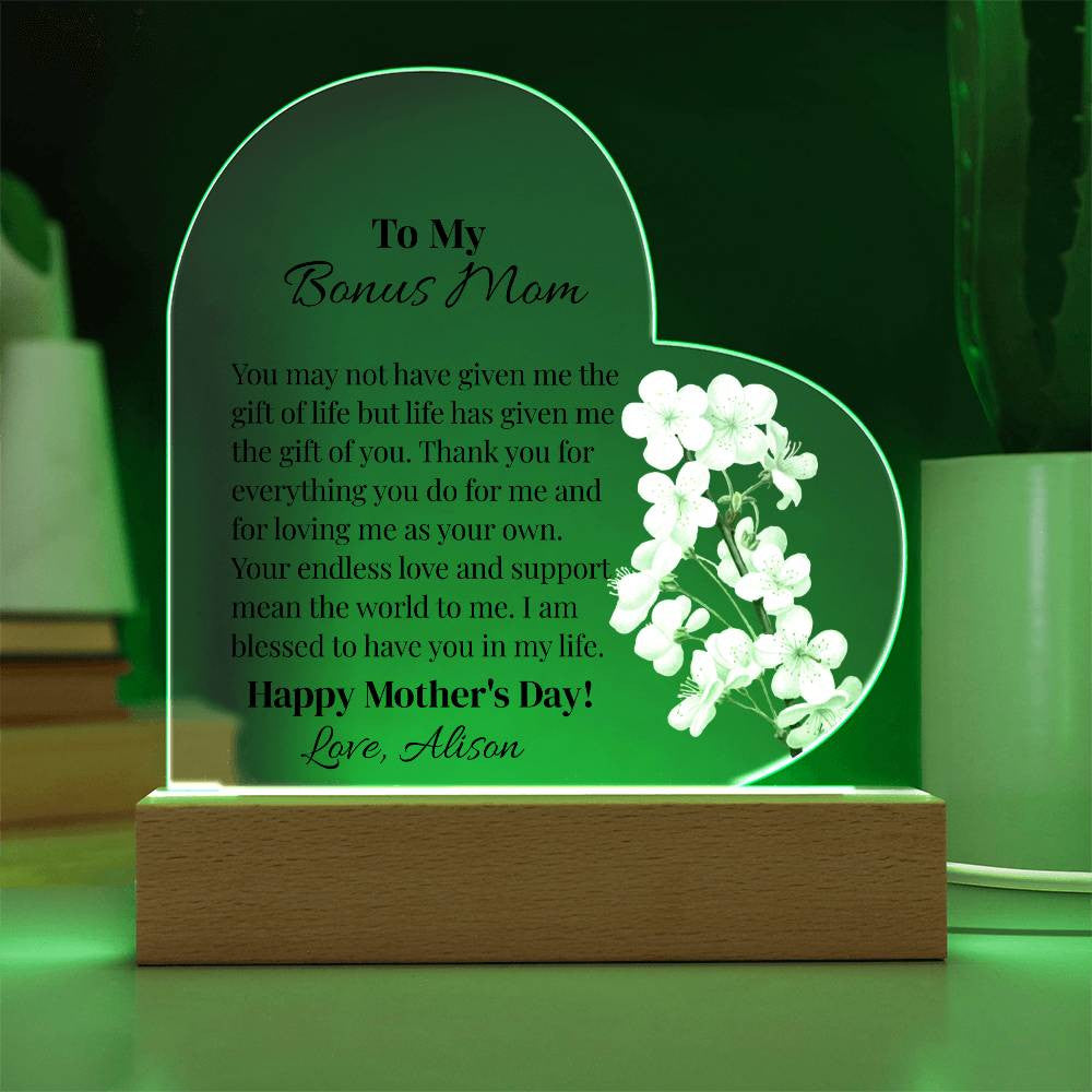 To My Bonus Mom Acrylic Heart Plaque Gift