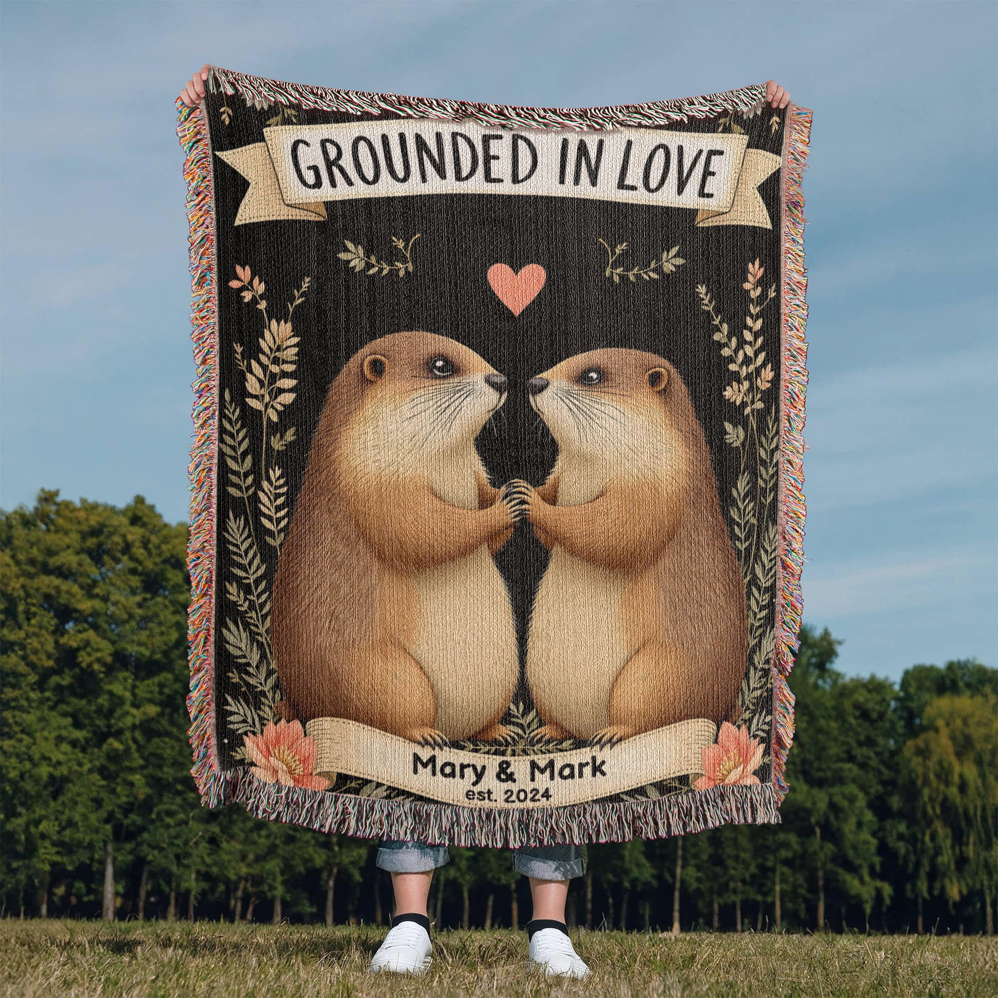 Groundhog Couple Woven Cotton Throw Blanket-[Heartfelt Family Gift]