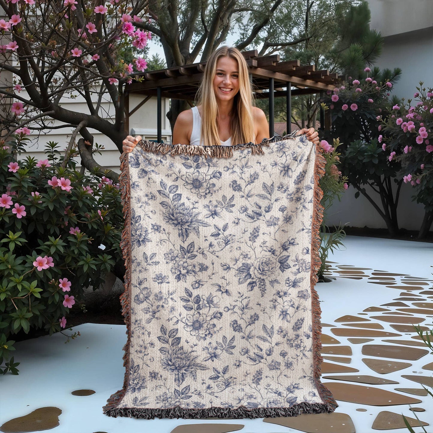 Toile de Jouy Woven Blanket, Blue Floral Tapestry Throw, French Country Decor, Floral Pattern Blanket, Gift for Loved Ones