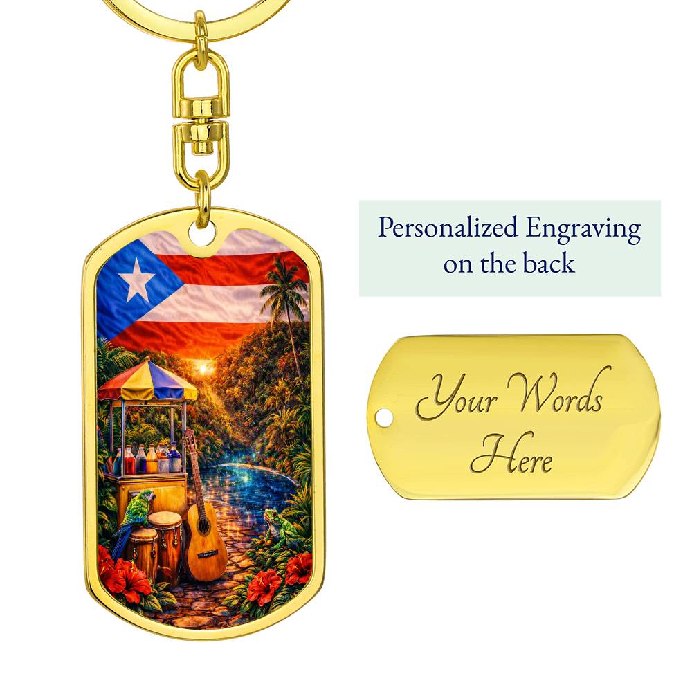 Engraved Puerto Rico Flag Latin American Culture Dog Tag Necklace or Keychain
