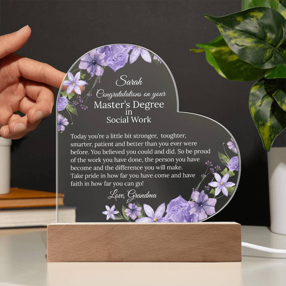 Personalized Masters Degree Light Acrylic Heart Plaque