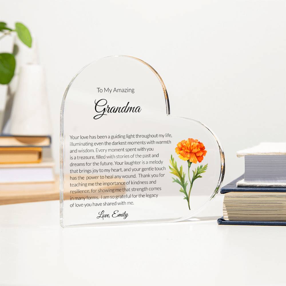Grandma Acrylic Heart Plaque with personalized birth flower