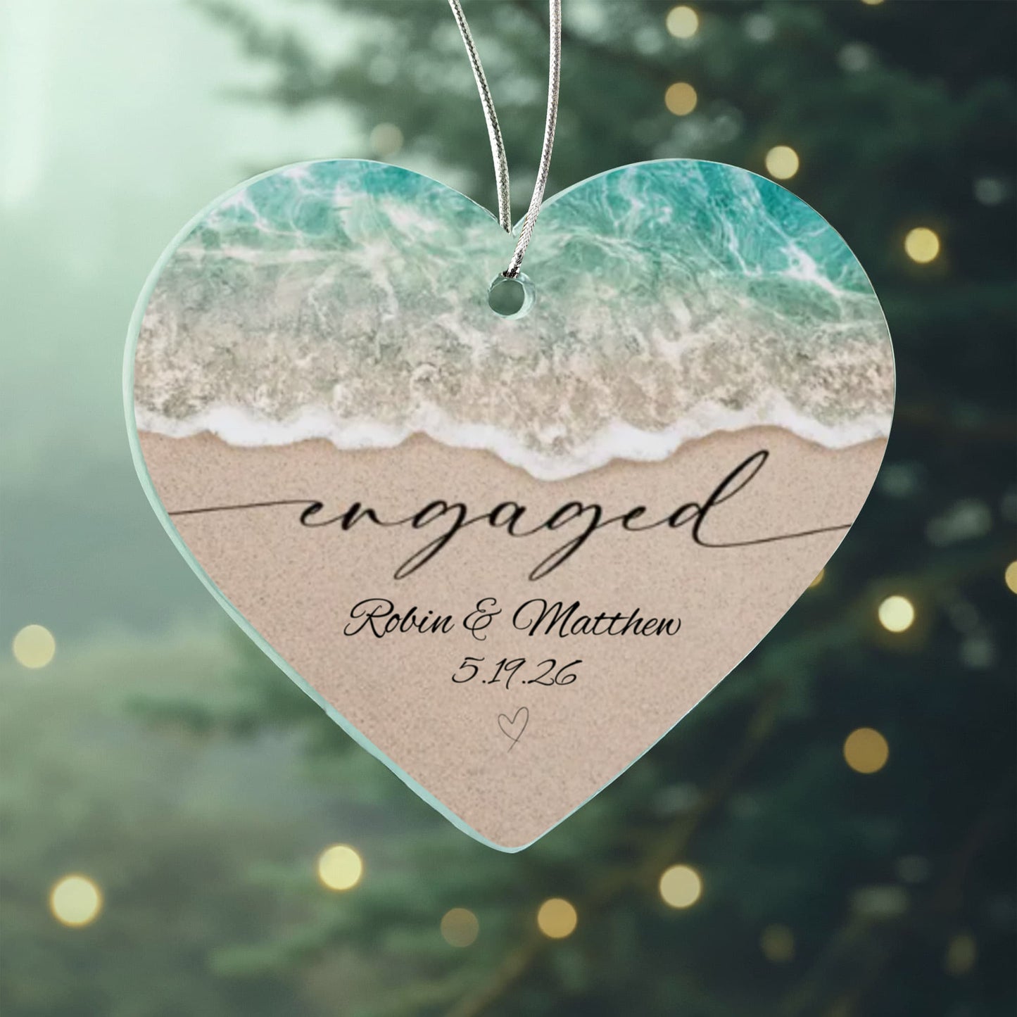 Acrylic Heart Beach Ornament, Personalized Engagement Keepsake, Beach Theme Wedding, Custom Names in Sand Gift