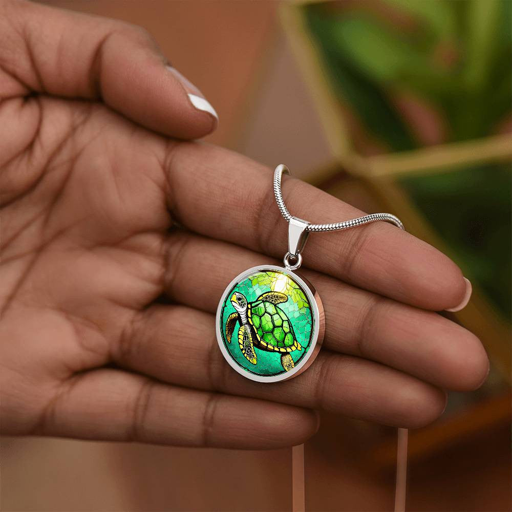 Sea Turtle Round Pendant Necklace in Gold or silver-[Heartfelt Family Gift]