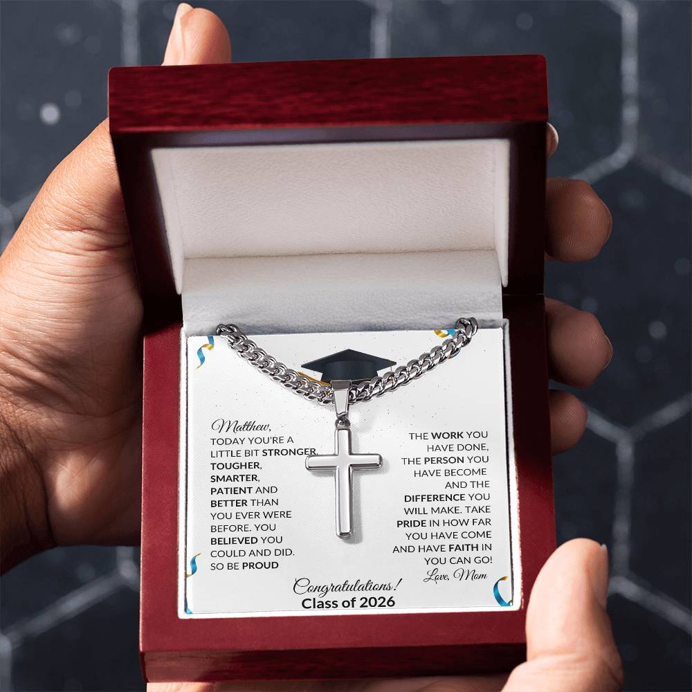 Graduation Cross Necklace Gift with Cuban Link Chain