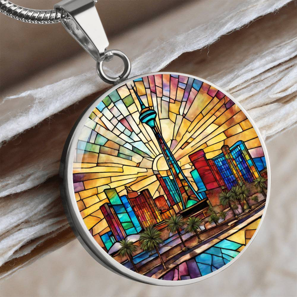 Las Vegas Skylight Stained Glass Look Round Pendant Necklace in Gold or silver-[Heartfelt Family Gift]