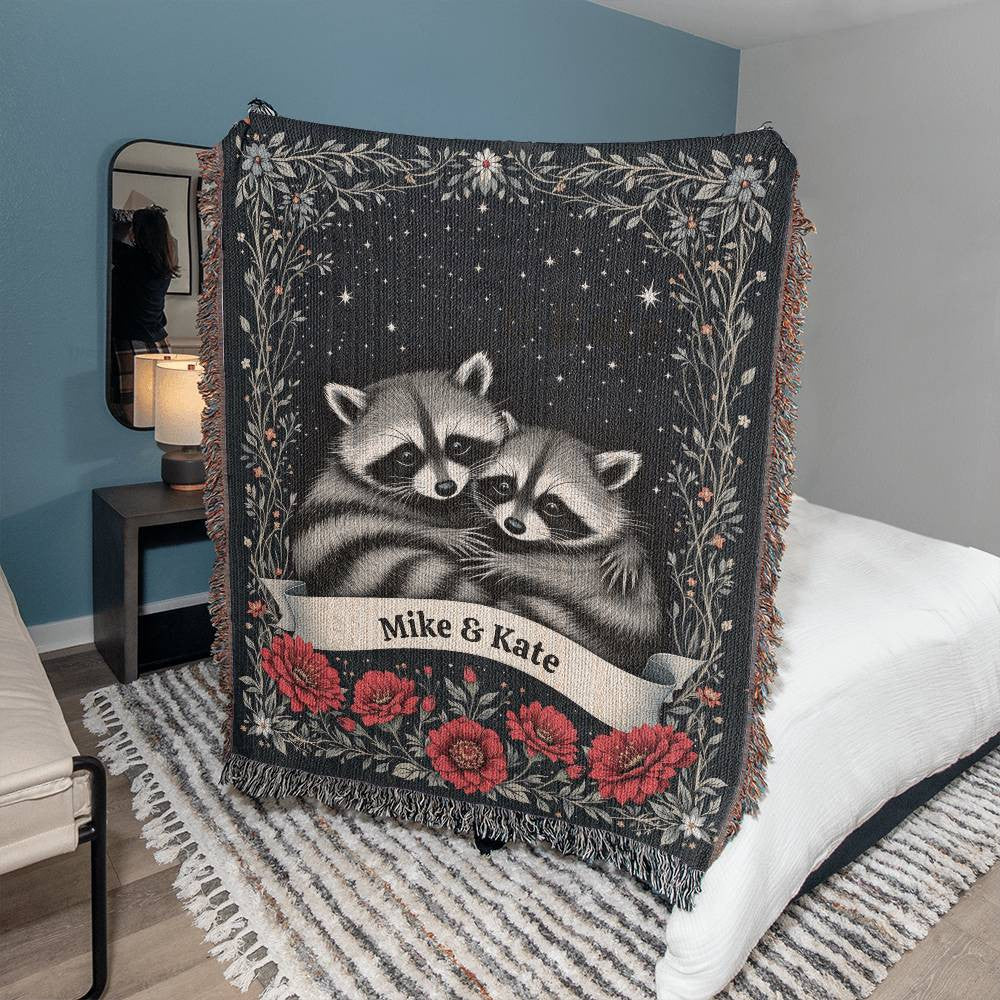 Personalized Raccoon Couple Woven Cotton Throw Blanket-[Heartfelt Family Gift]