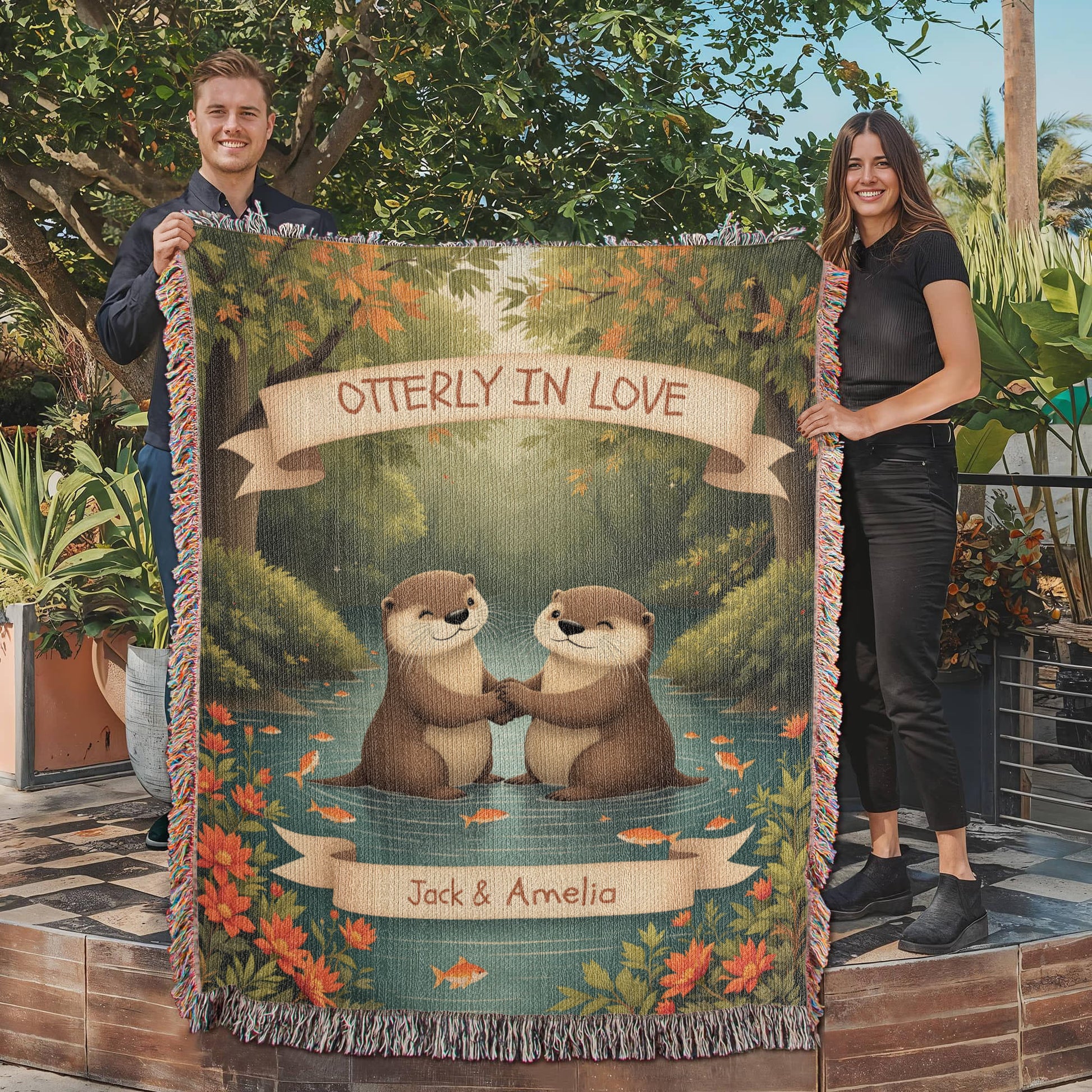 Otter Couple Anniversary Woven Cotton Blanket-[Heartfelt Family Gift]