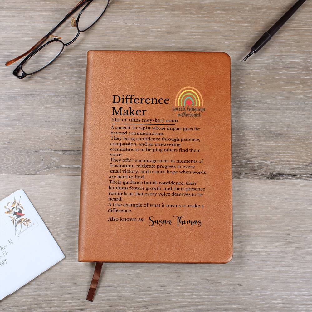 Speech Language Pathologist Gift, Leather Journal, Difference Maker Keepsake, Personalized SLP Notebook, Vegan Leather Diary, Appreciation