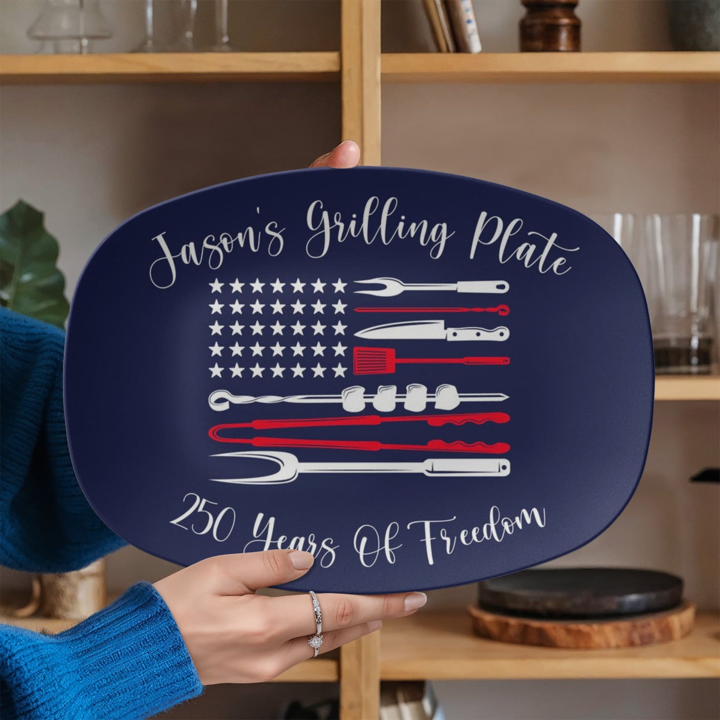 Personalized Patriotic BBQ Serving Tray, Father's Day Gift, Custom Grilling Plate, Outdoor Party Dish, American Flag Design