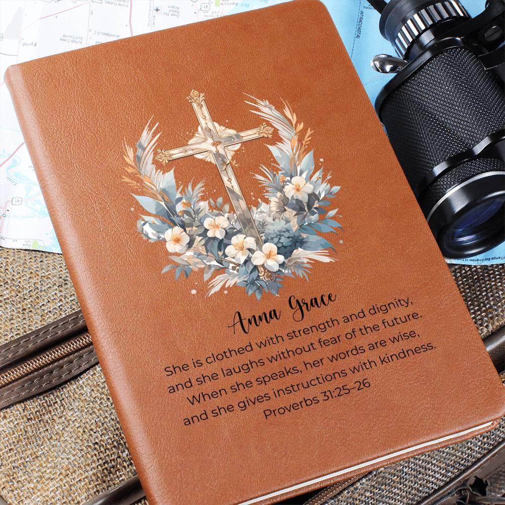 Personalized Bible Verse Journal, Proverbs 31:25 Leather Notebook, Christian Gift for Women, Custom Name Scripture Keepsake