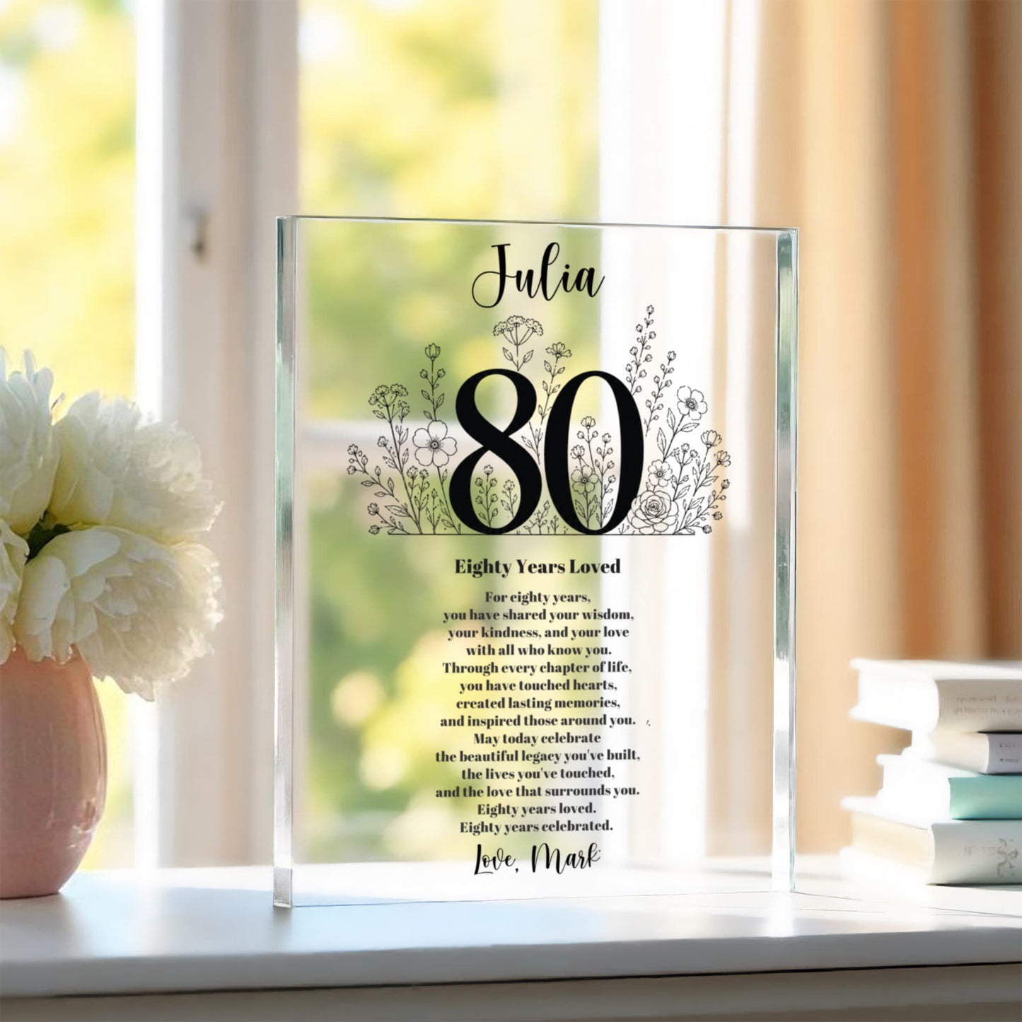 80th Birthday Plaque, Personalized Acrylic Keepsake Gift for Mom, Eighty Years Loved