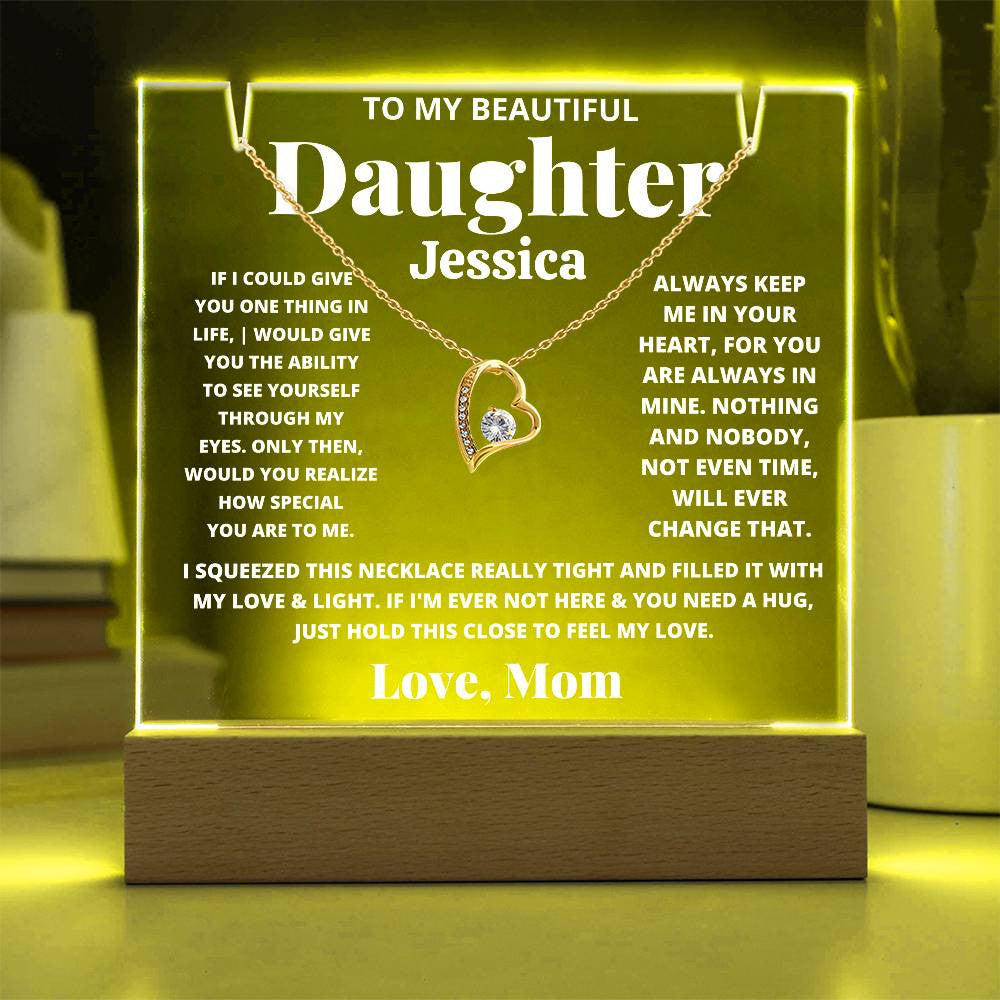 Daughter from Mom LED Acrylic Heart Necklace & Plaque Gift-[Heartfelt Family Gift]