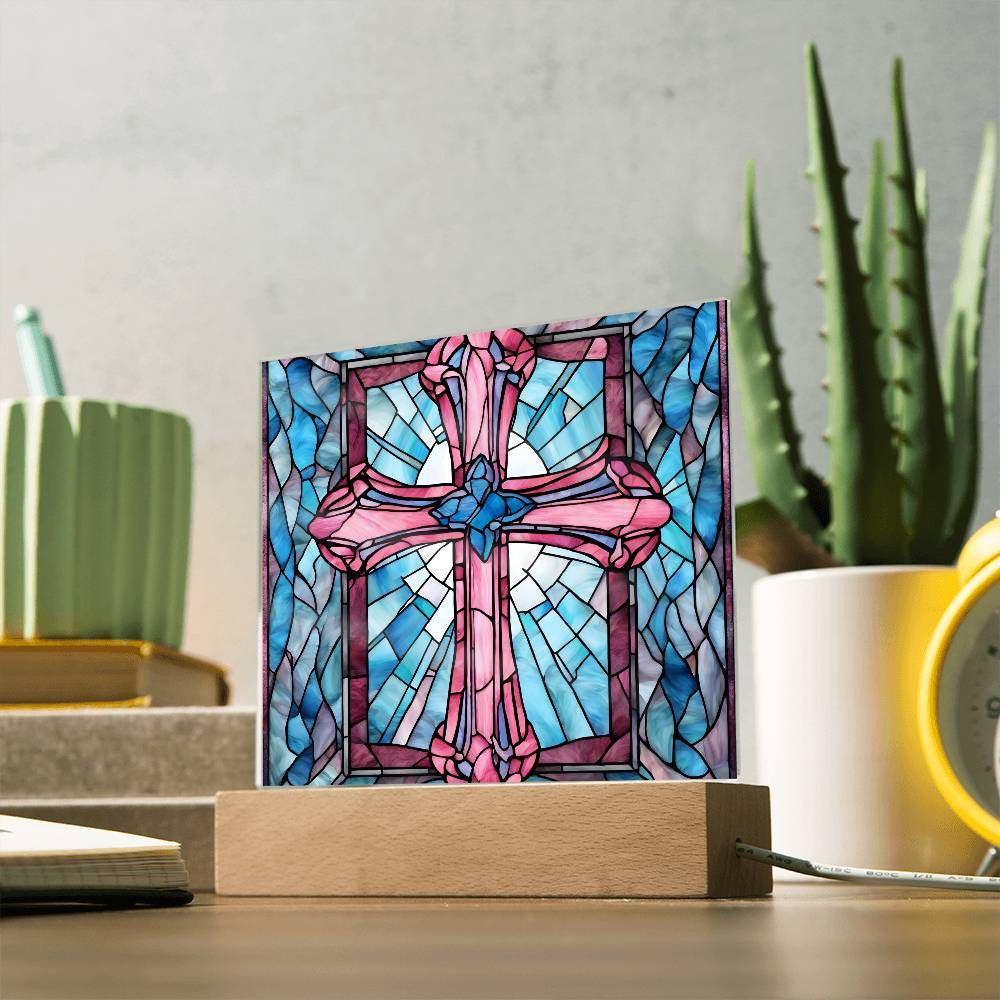 Faux Stained Glass Acrylic Cross Plaque-[Heartfelt Family Gift]