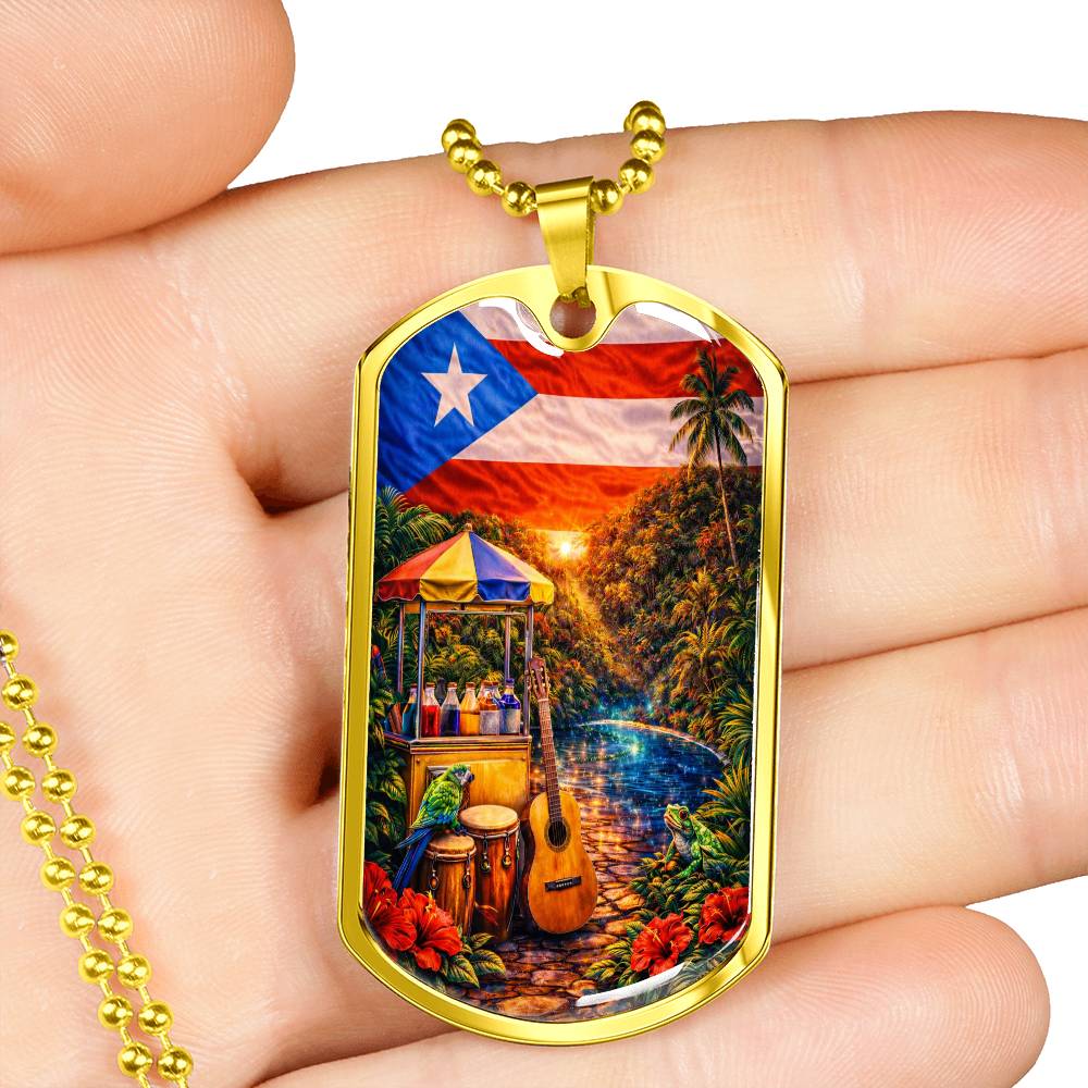 Engraved Puerto Rico Flag Latin American Culture Dog Tag Necklace or Keychain