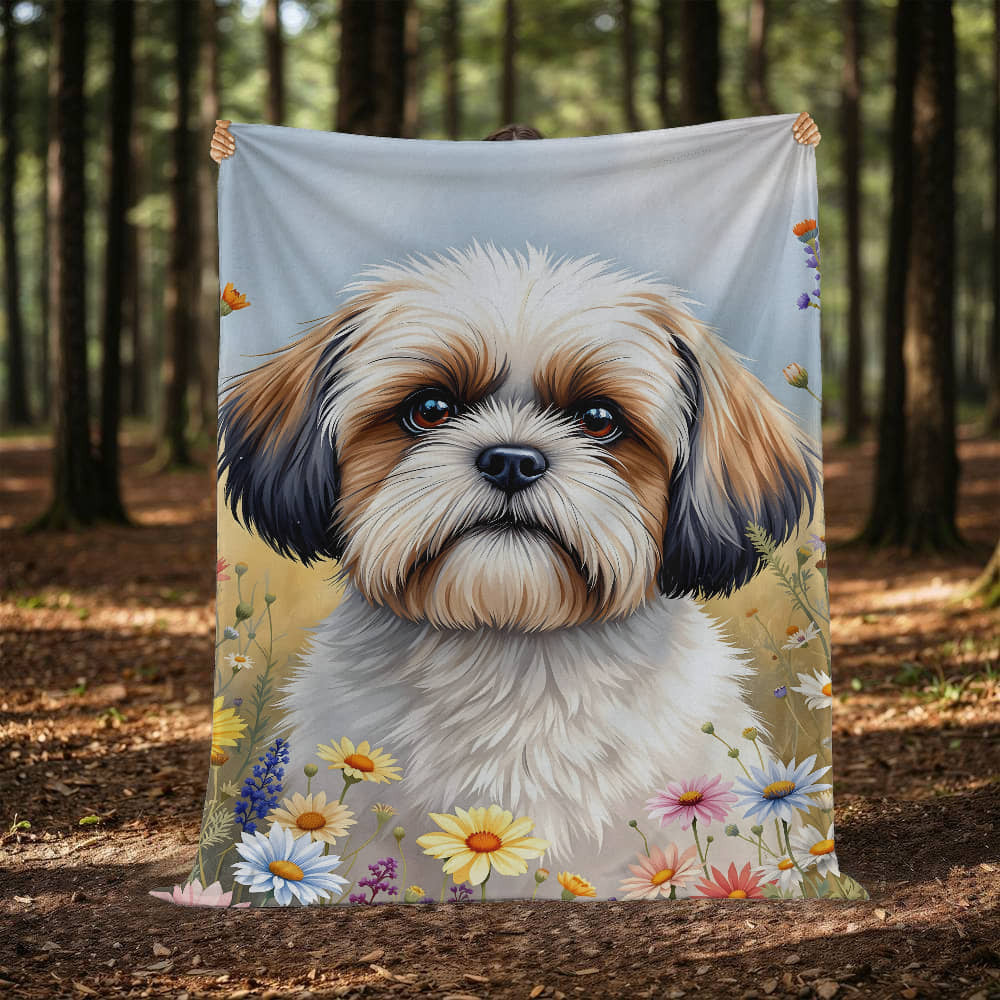 Shih Tzu Dog Wildflower Floral Dog Woven Blanket-[Heartfelt Family Gift]